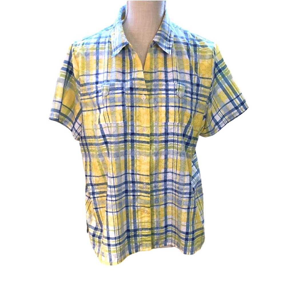 Alfred Dunner Ladies Plaid and Floral Button Down Shirt- Yellow & Blue